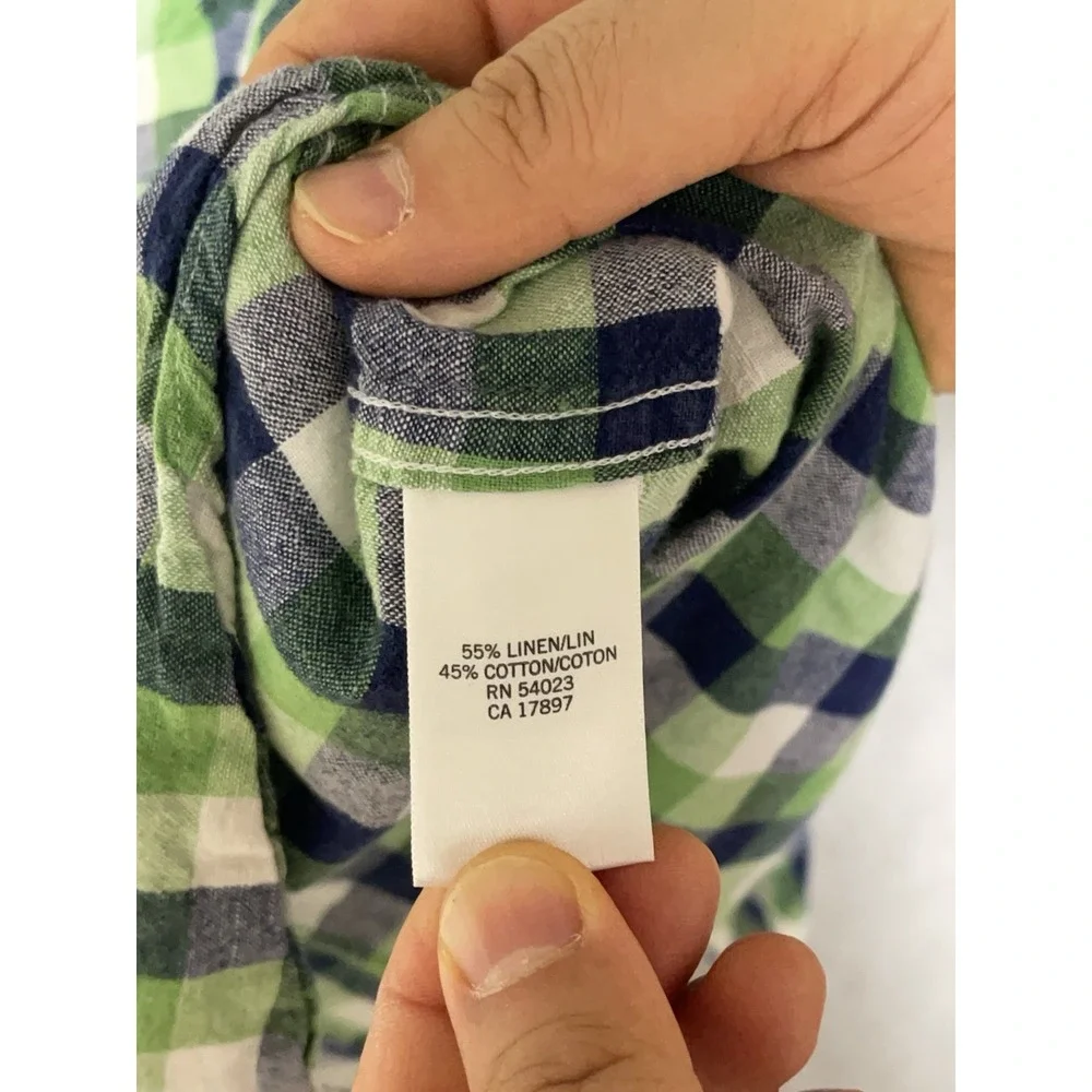 Banana Republic Shirt Men L Green Plaid Linen Cotton Button Up Academia Vacation